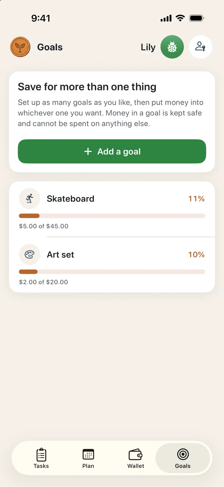 PennySprout savings goals, with progress toward a skateboard and an art set